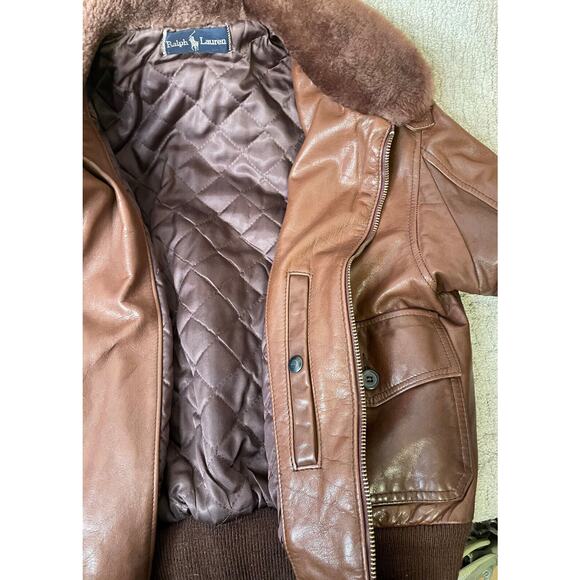 Ralph Lauren Brown Bomber Aviator Jacket Womens 12 Vintage Shearling Collar - Picture 14 of 16